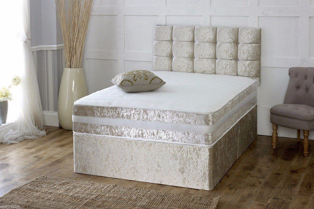 Divan Bed Crushed Velvet Fabric Bed + Mattress, 5FT King Size, 6FT Super King Size - furniturestop.co.uk (12472990931)