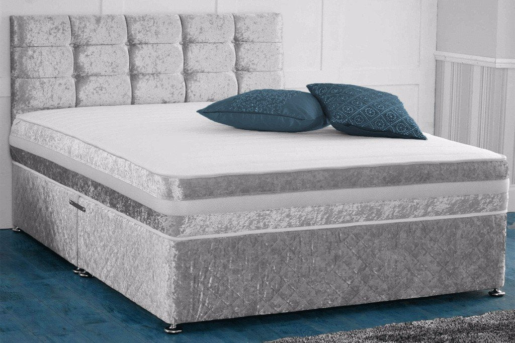 Divan Bed Crushed Velvet Fabric Bed + Mattress, 5FT King Size, 6FT Super King Size - furniturestop.co.uk (12472990931)