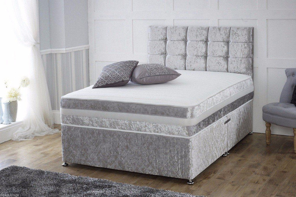 Divan Bed Crushed Velvet Fabric Bed + Mattress, 5FT King Size, 6FT Super King Size - furniturestop.co.uk (12472990931)