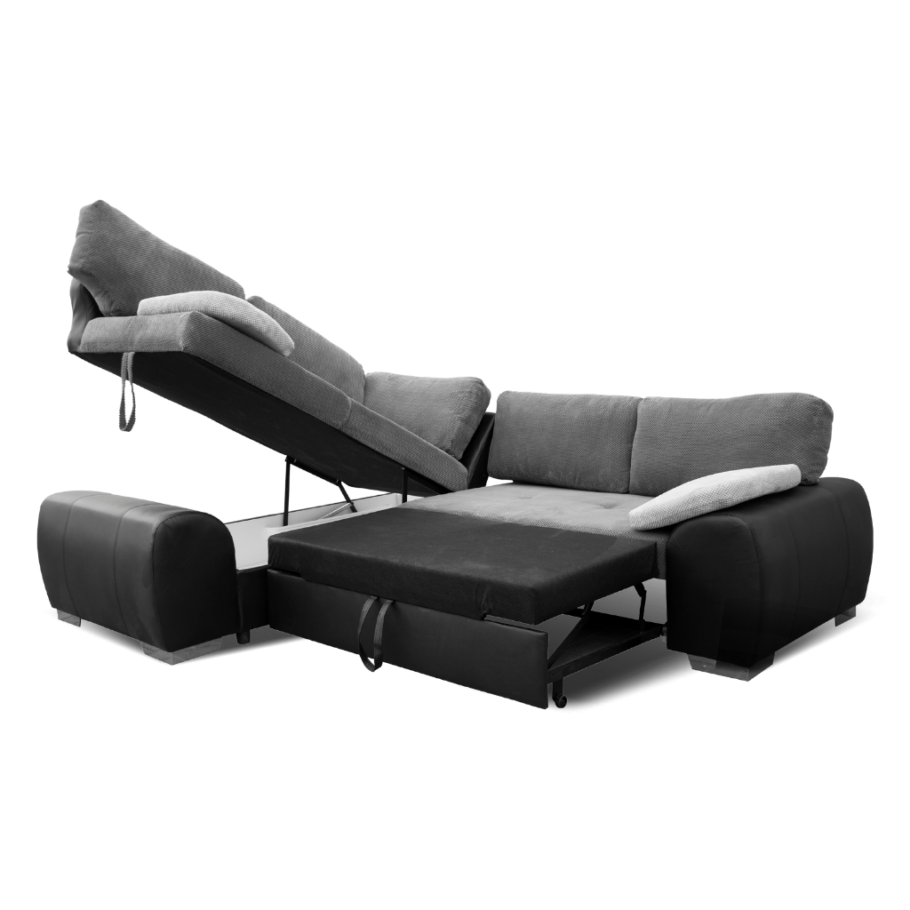 black and grey right hand corner sofa bed chrome feet fold out to bed with under seat storage