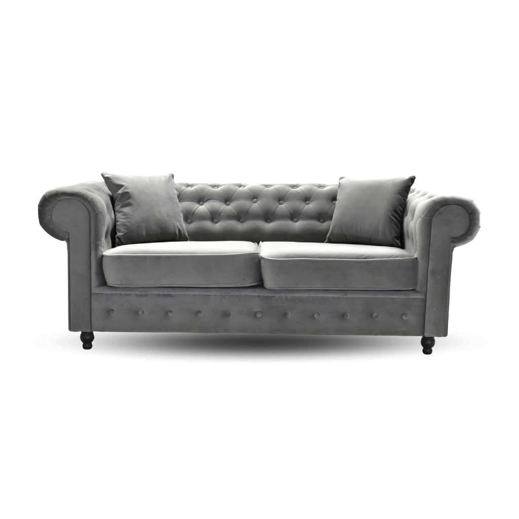 chesterfield 2 seater sofa plush velvet dark grey with 2 pillow on the side www.furniturestop.co.uk