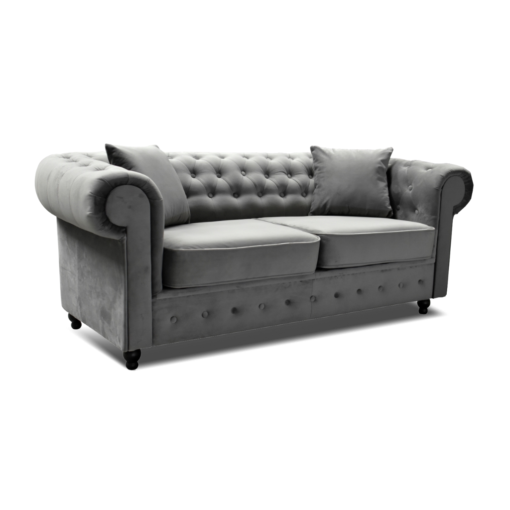 chesterfield 2 seater sofa plush velvet dark grey with 2 pillow on the side www.furniturestop.co.uk