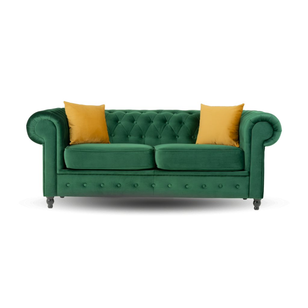 chesterfield 2 seater sofa plush velvet green with 2 yellow pillow on the side www.furniturestop.co.uk
