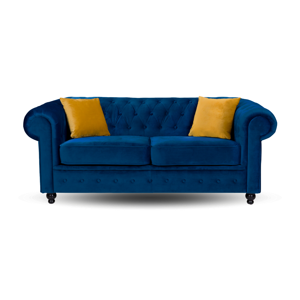 chesterfield 2 seater sofa plush velvet blue with 2 yellow pillow on the side www.furniturestop.co.uk