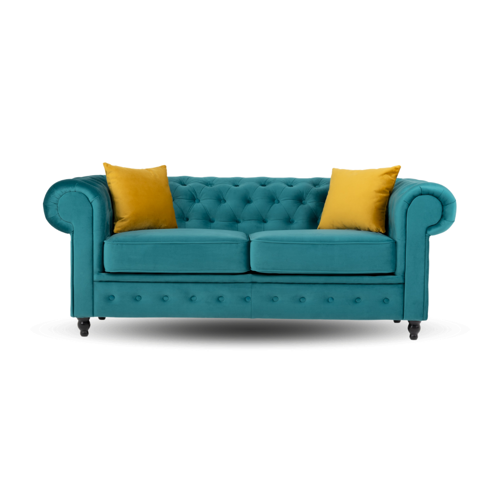 chesterfield 2 seater sofa plush velvet teal with 2 yellow pillow on the side www.furniturestop.co.uk