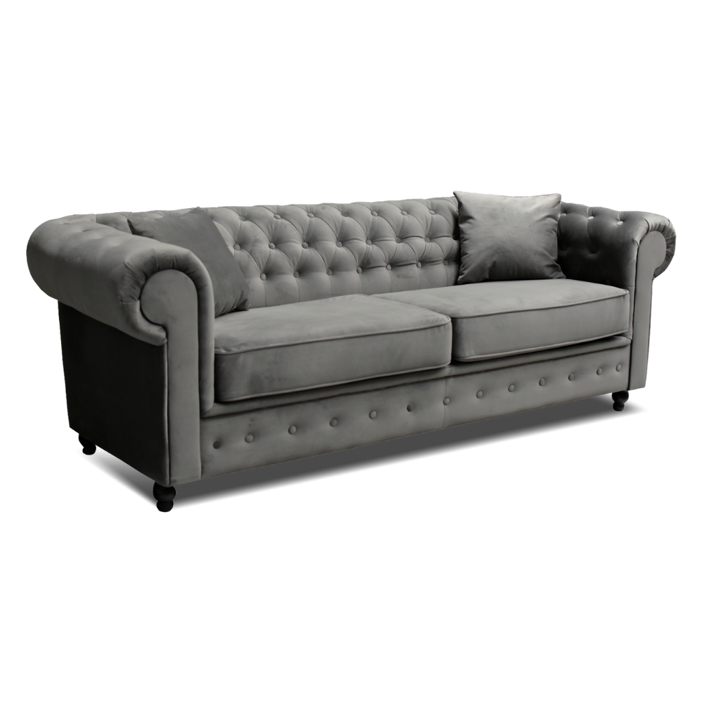 chesterfield 3 seater sofa plush velvet dark grey with 2 pillow on the side www.furniturestop.co.uk