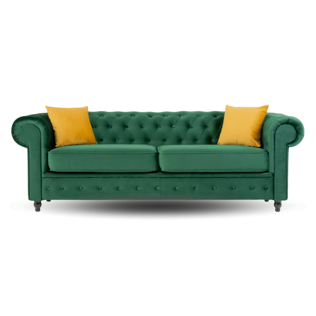 chesterfield 3 seater sofa plush velvet green with 2 yellow pillow on the side www.furniturestop.co.uk