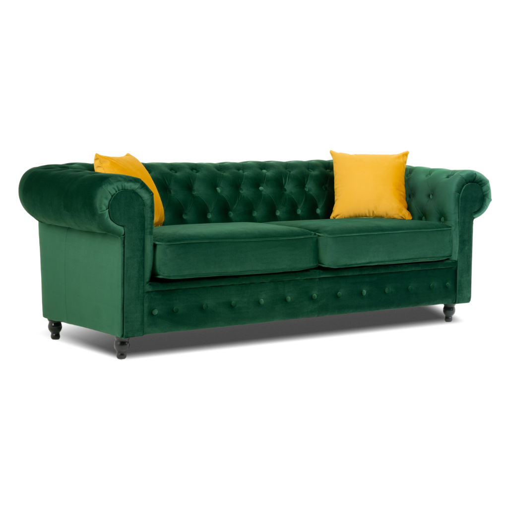chesterfield 3 seater sofa plush velvet green with 2 yellow pillow on the side slant view www.furniturestop.co.uk