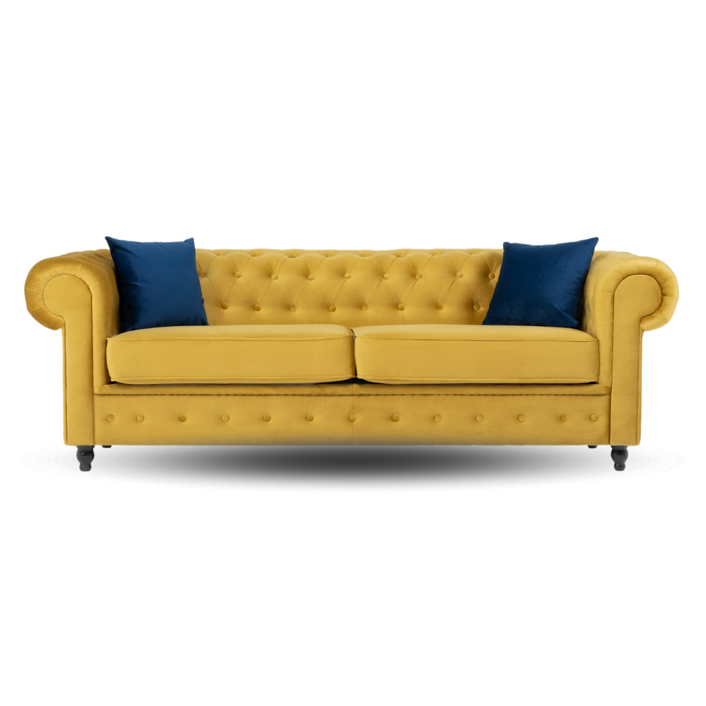 chesterfield 3 seater sofa plush velvet mustard with 2 blue pillow on the side www.furniturestop.co.uk