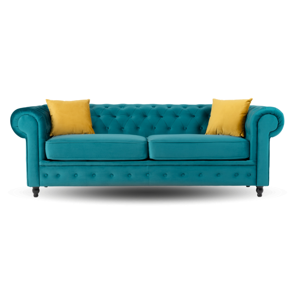 chesterfield 3 seater sofaplush velvet teal with 2 yellow pillow on the side www.furniturestop.co.uk