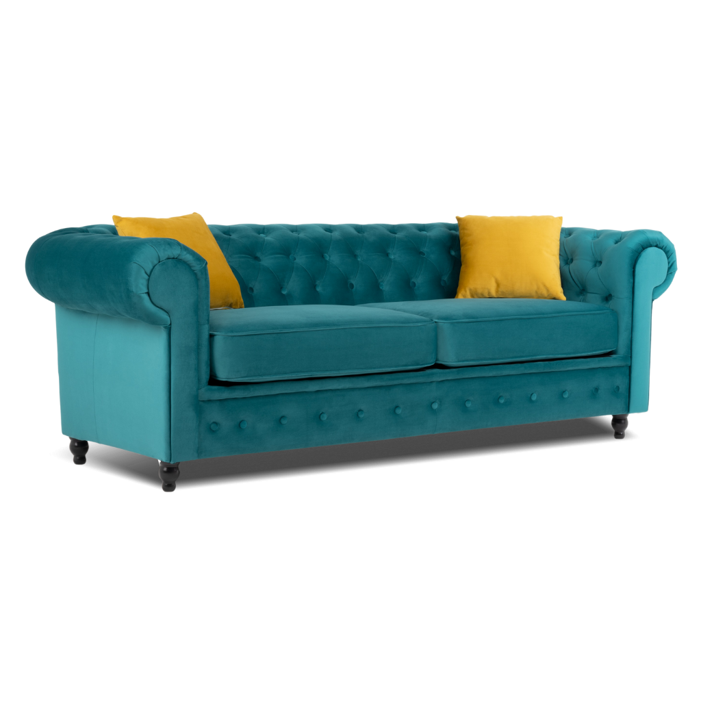 chesterfield 3 seater sofa plush velvet teal with 2 yellow pillow on the side www.furniturestop.co.uk