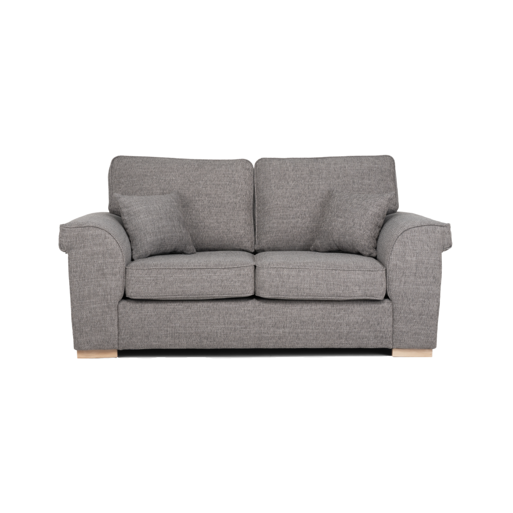 2 seater sofa mushroom grey wood feet with 2 throw pillows on the side front view