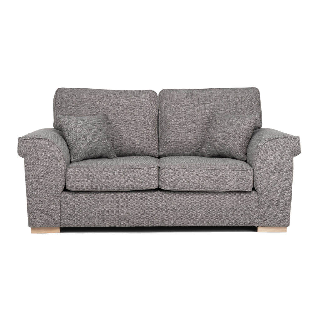 3 seater sofa mushroom grey wood feet with 2 throw pillows on the side front view
