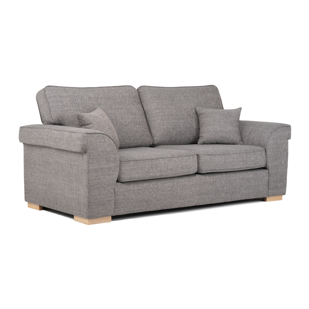 3 seater sofa mushroom grey wood feet with 2 throw pillows on the slant view