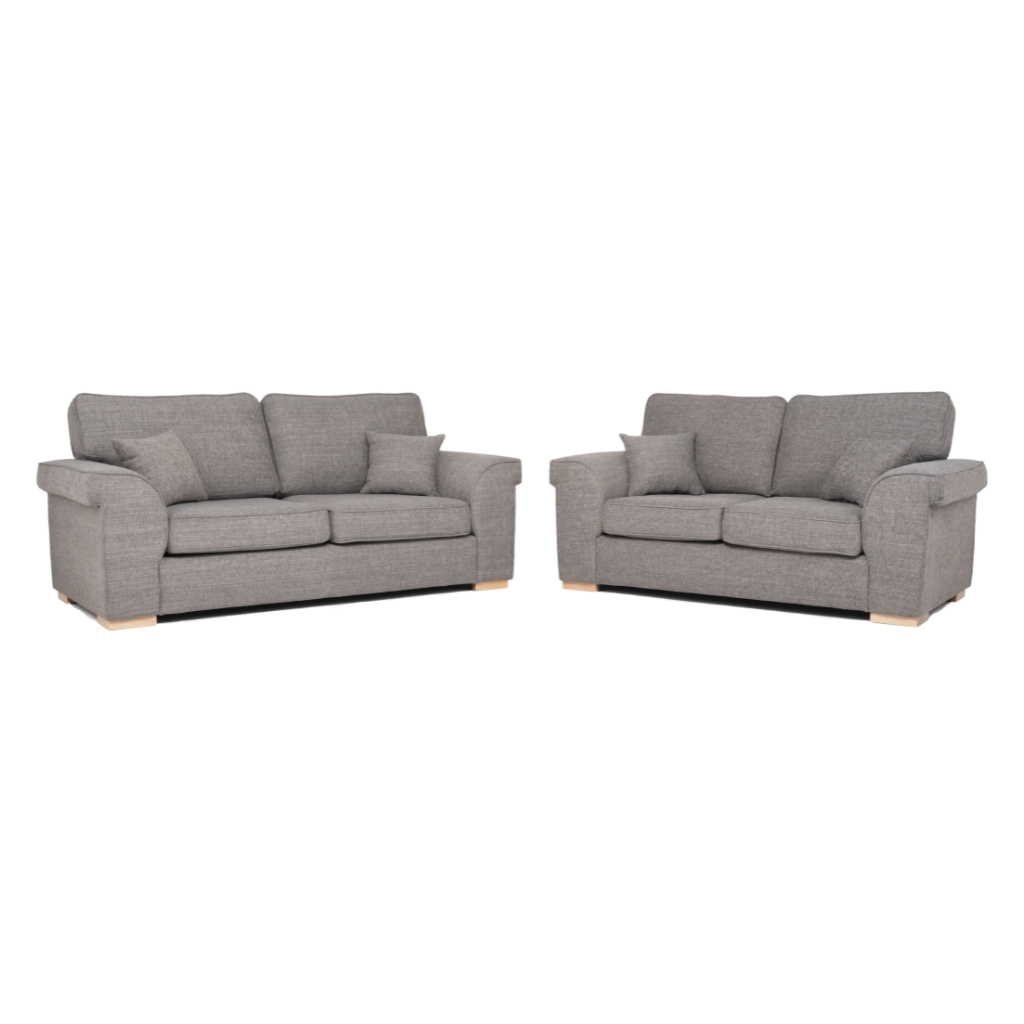 3 and 2 seater sofa mushroom grey wood feet with 2 throw pillows on the side slant view