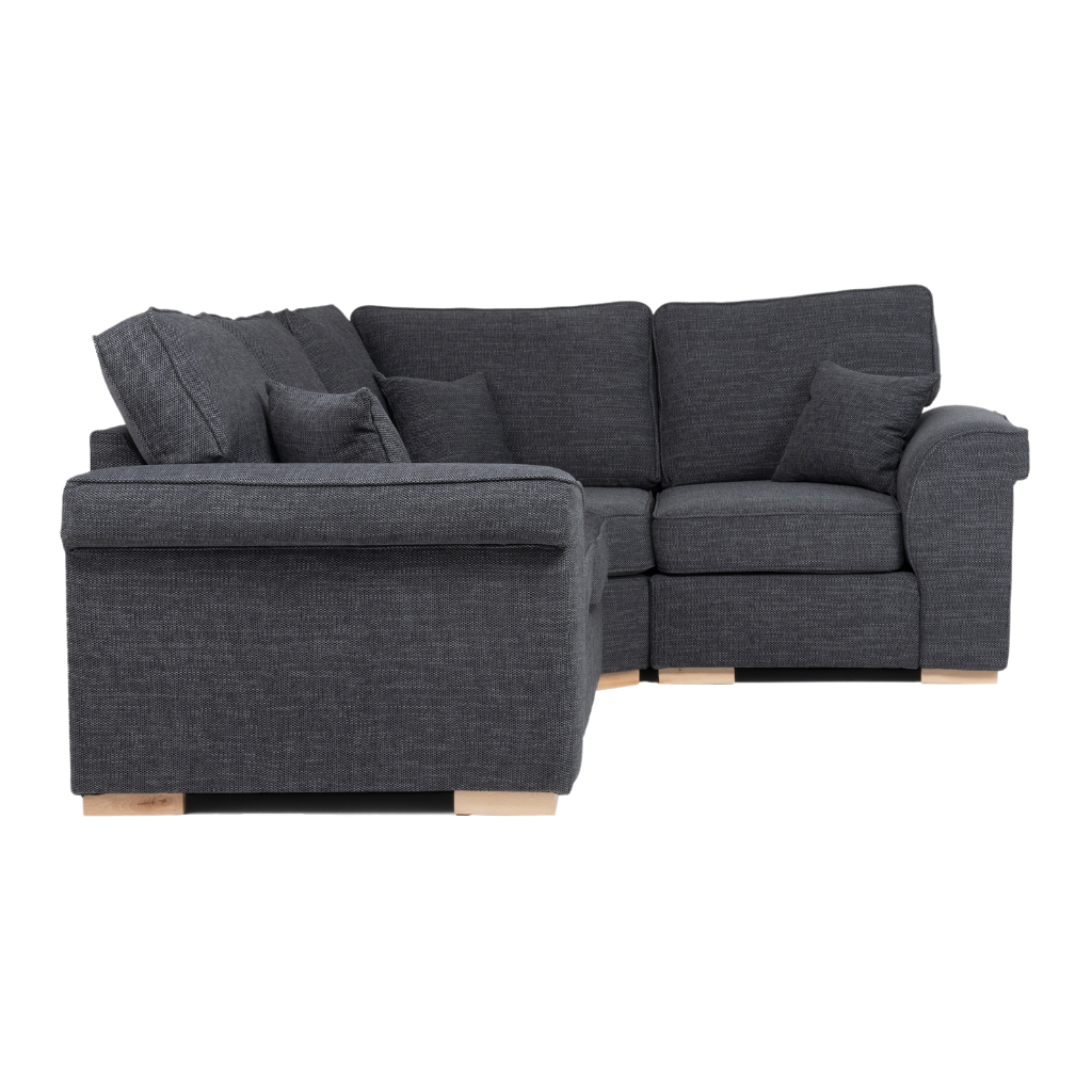 black corner sofa right hand with 3 throw pillow wood feet side view
