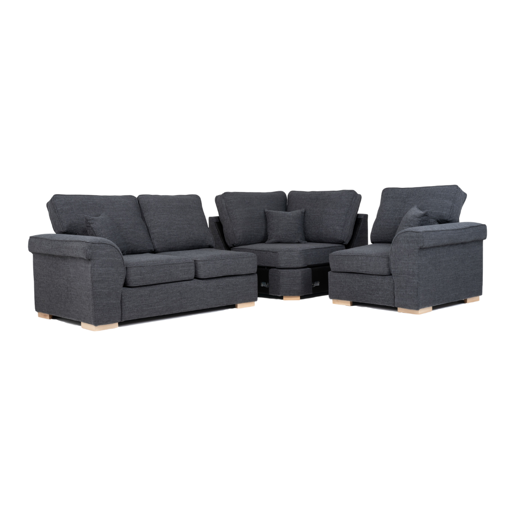 black corner sofa with 3 throw pillow wood feet showing sectional division