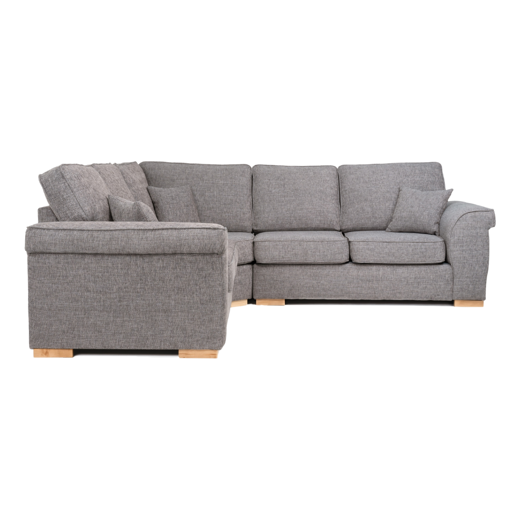 double corner sofa mushroom grey with 3 pillows wood feet side view