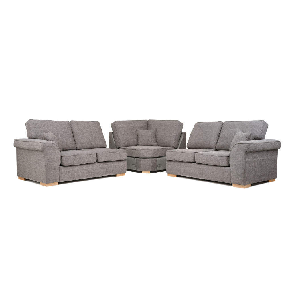 double corner sofa mushroom grey with 3 pillows wood feet showing sectional division