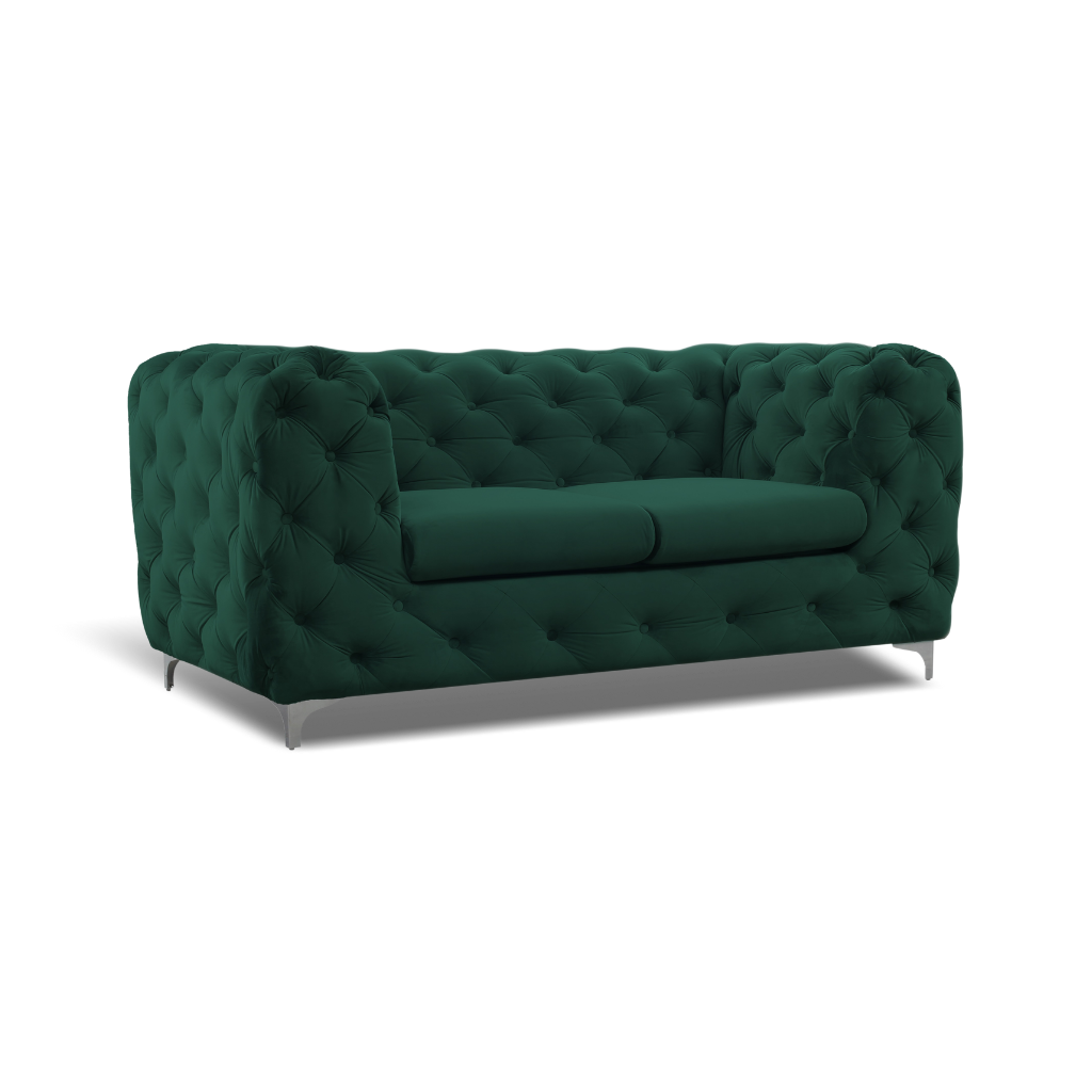 green formal back 2 seater tufted sofa chrome feet