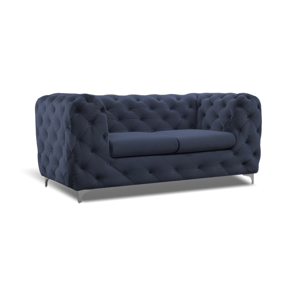 blue formal back 2 seater tufted sofa chrome feet