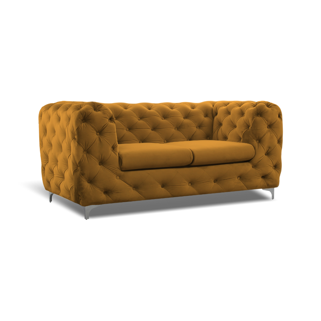 yellow formal back 2 seater tufted sofa chrome feet