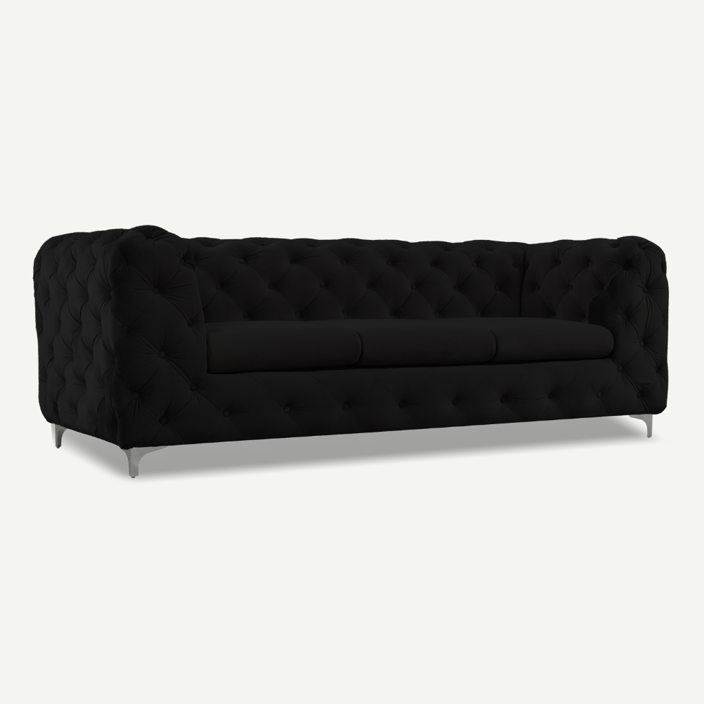 black formal back 3 seater tufted sofa chrome feet