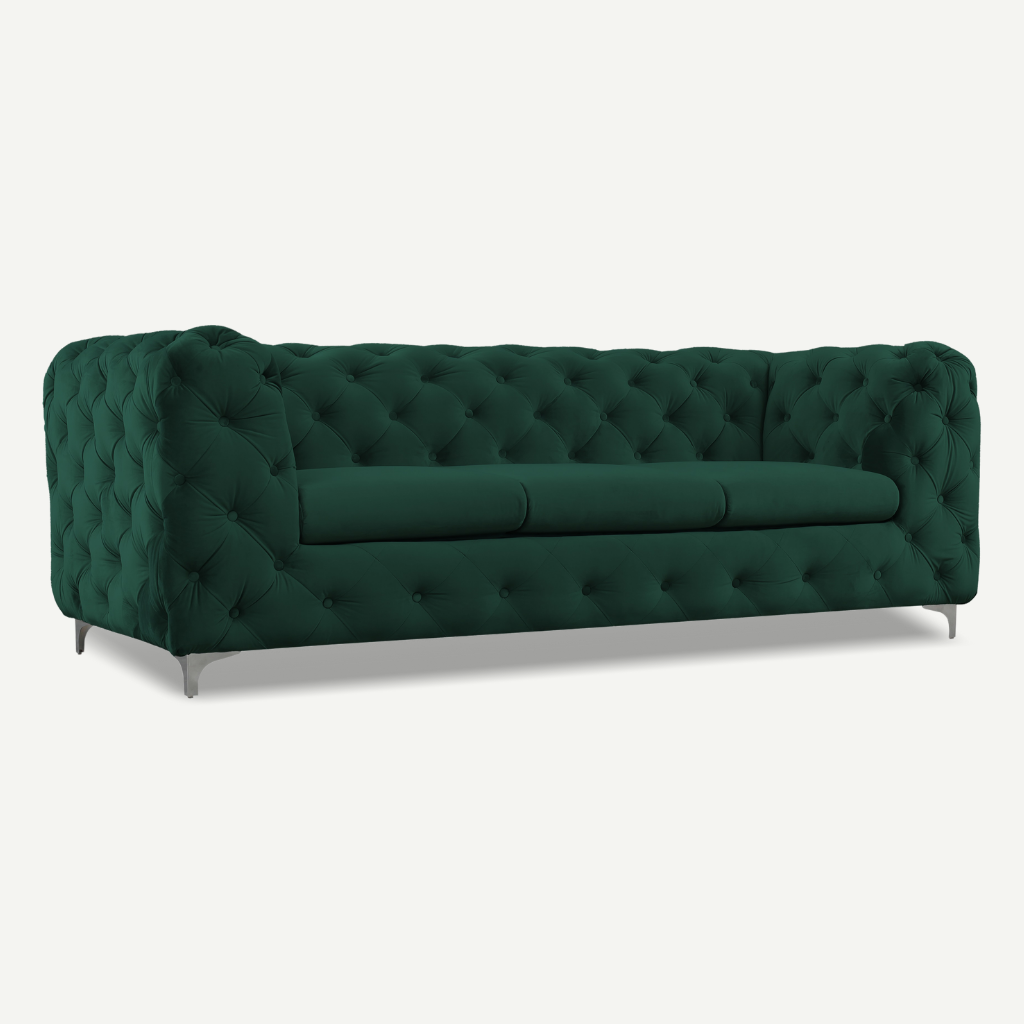 green formal back 3 seater tufted sofa chrome feet