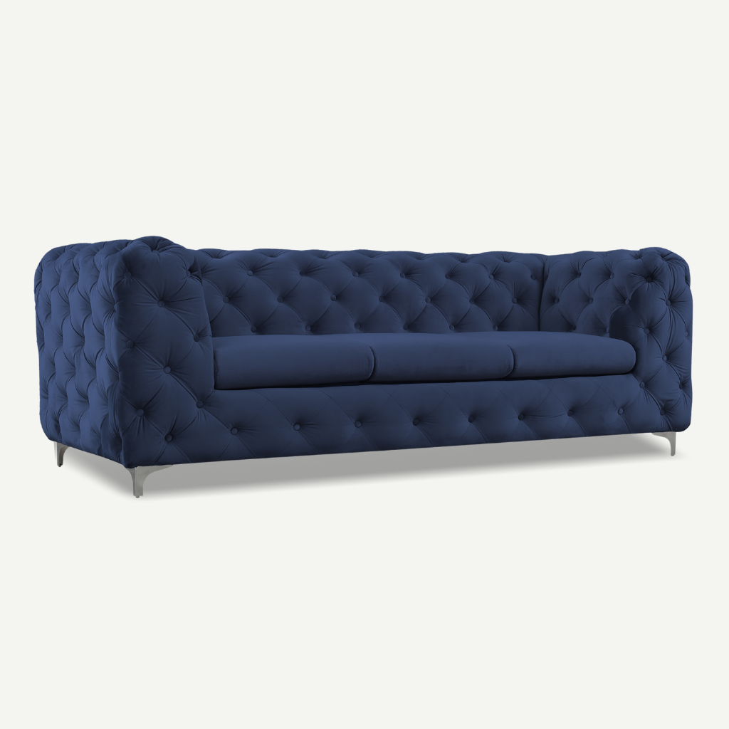 blue formal back 3 seater tufted sofa chrome feet