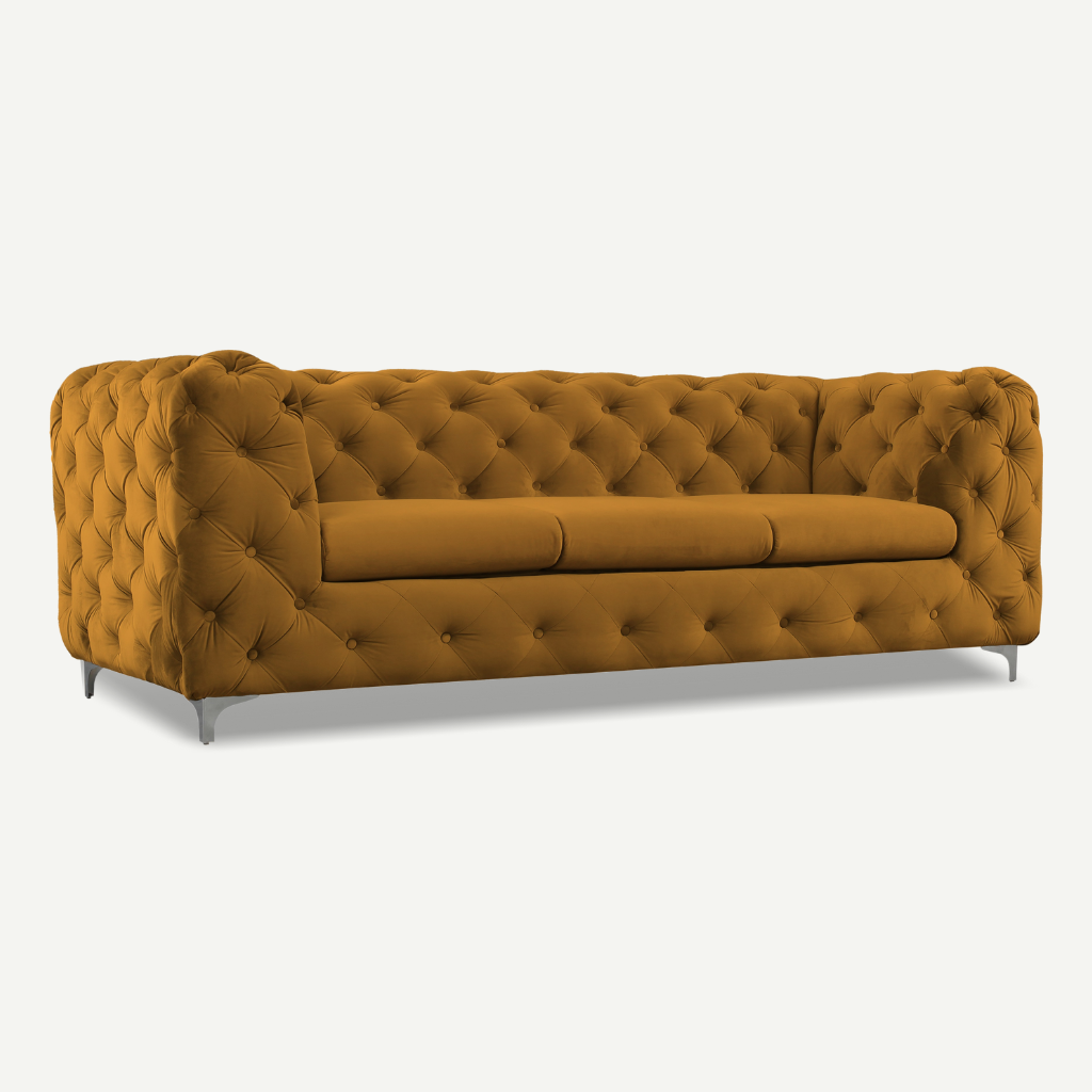 yellow formal back 3 seater tufted sofa chrome feet