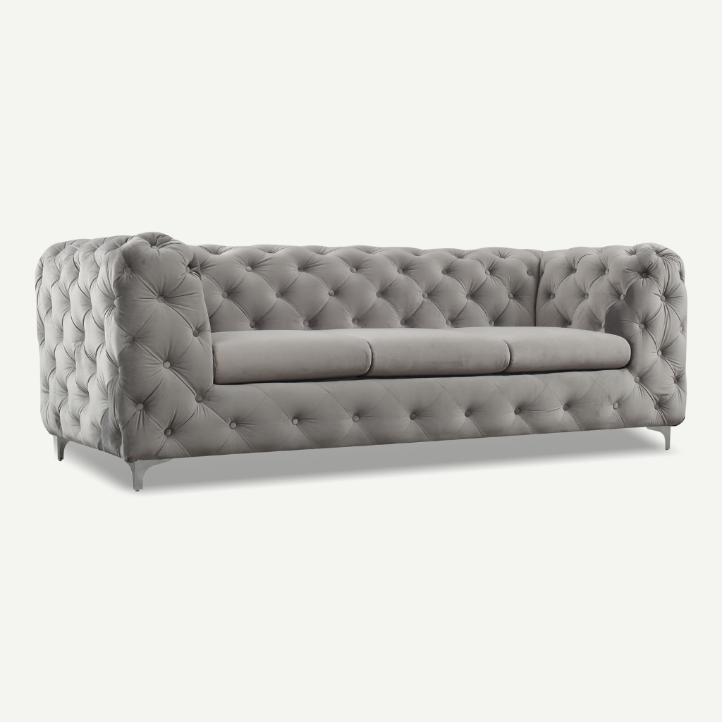 silver formal back 3 seater tufted sofa chrome feet