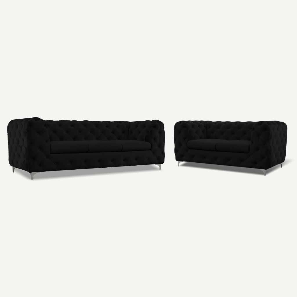 black formal back 3 and 2 seater tufted sofa chrome feet