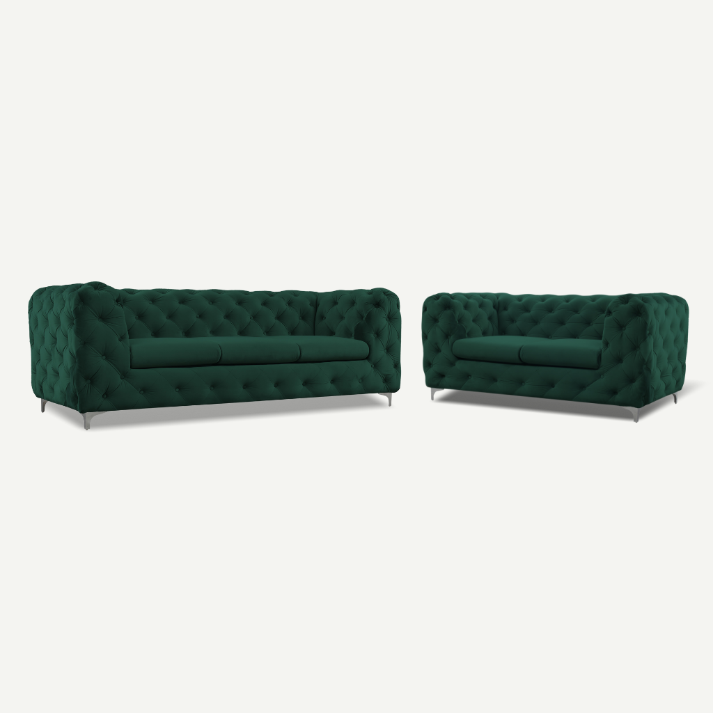 green formal back 3 and 2 seater tufted sofa chrome feet