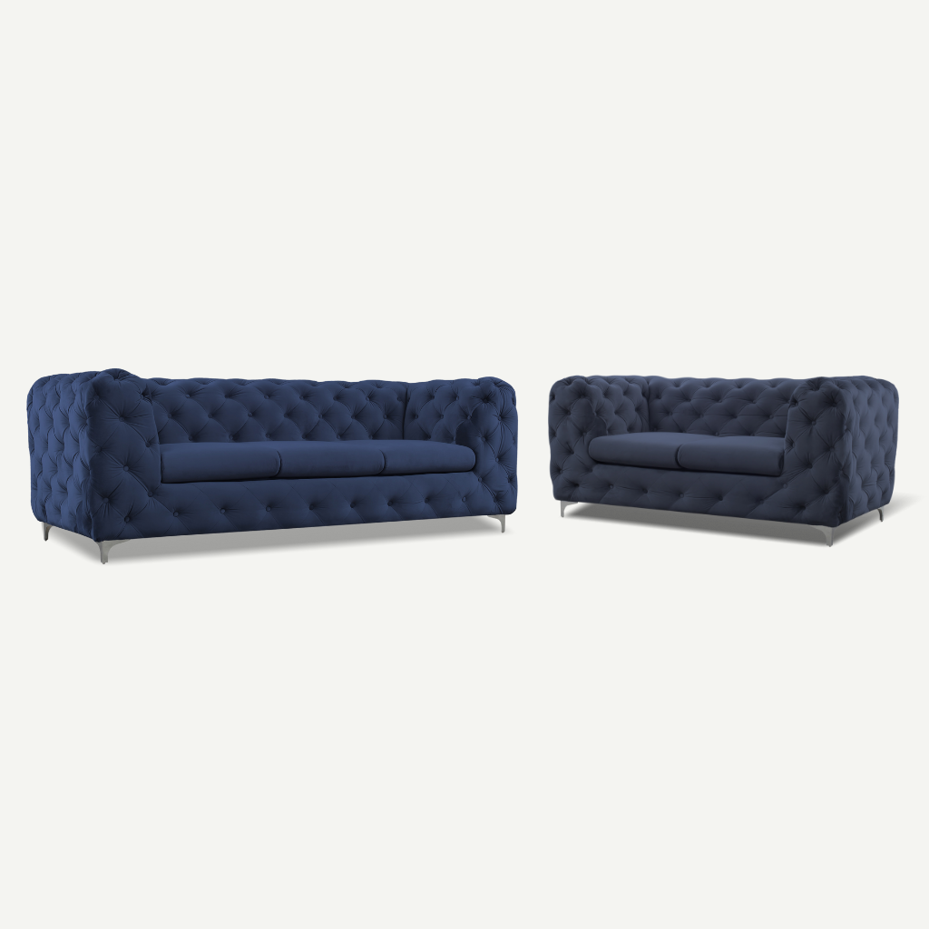 blue formal back 3 and 2 seater tufted sofa chrome feet