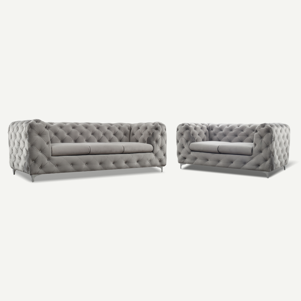 silver formal back 3 and 2 seater tufted sofa chrome feet