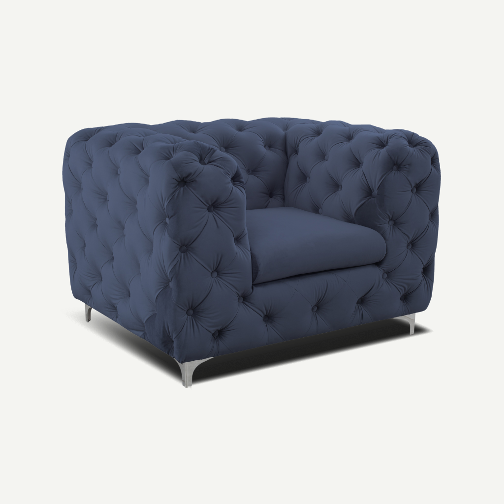 blue tufted armchair sofa chrome feet