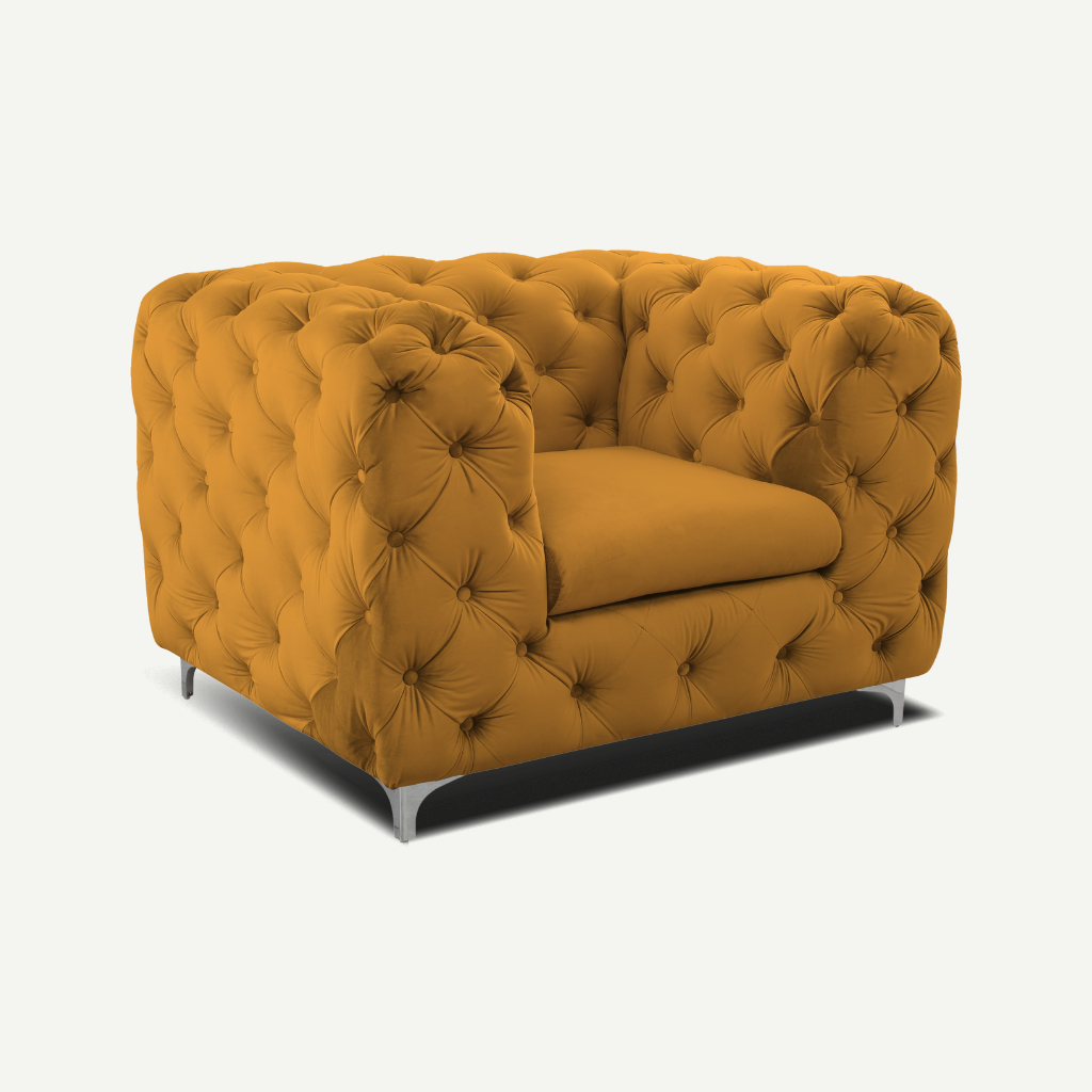 mustard tufted armchair sofa chrome feet