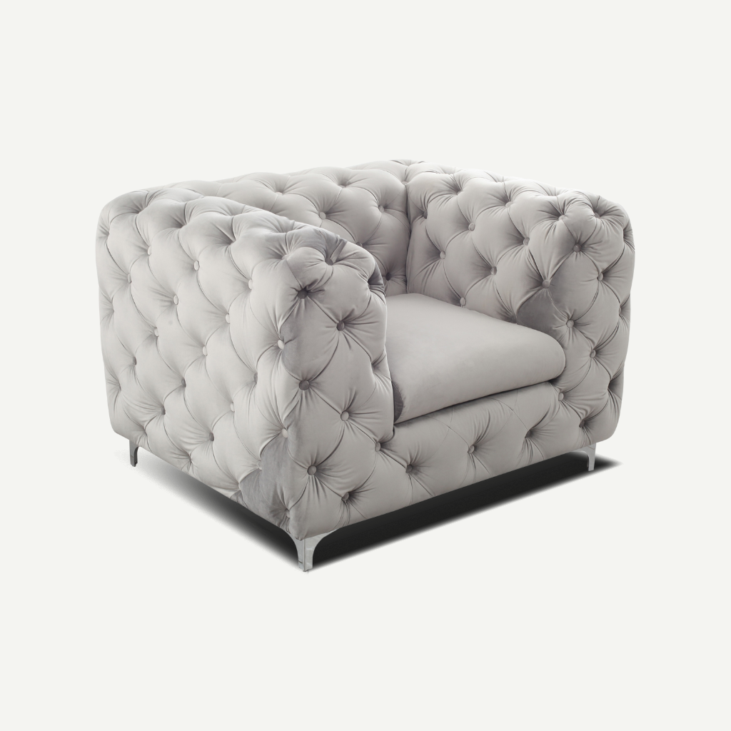 silver tufted armchair sofa chrome feet